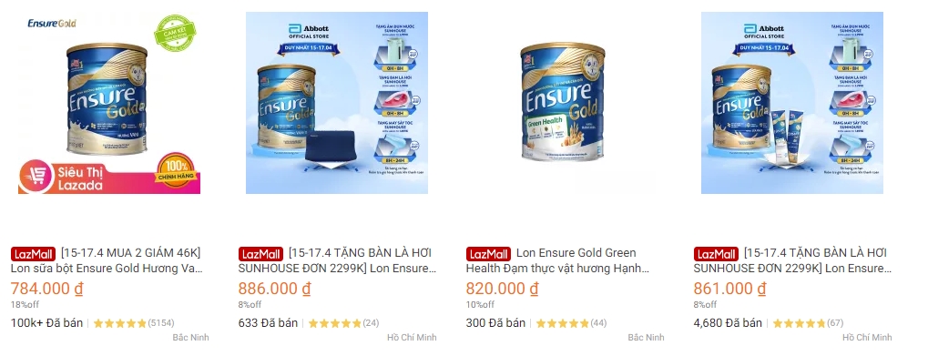 Giá sữa Ensure Việt Nam bán trên Lazada